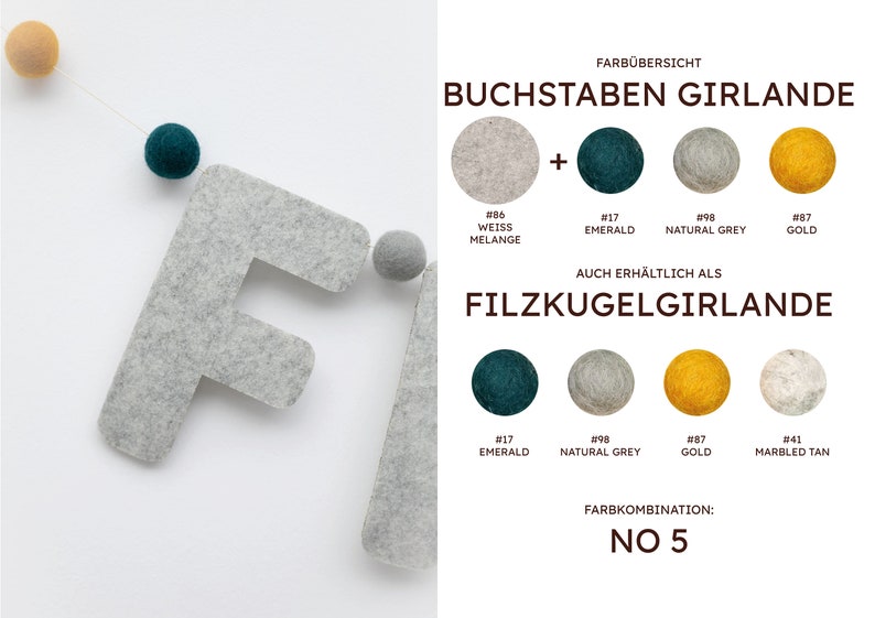 Personalisierbare Buchstabenkette 'No 5' Namenskette aus Filz, Filzgirlande aus festem 3mm Filz, Filzbuchstaben mit Filzkugeln Beary Dust zdjęcie 2