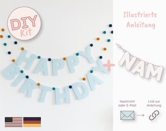 DIY Kit für Happy Birthday Girlande aus Filz mit Filzkugeln, Partydeko für den Kindergeburtstag, Geburtstagsdeko by Gesa