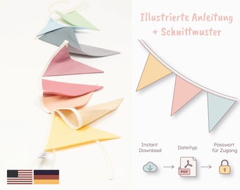 Sewing pattern and illustrated instructions for fabric bunting - Instant digital download - Make your own birthday decorations - byGesa