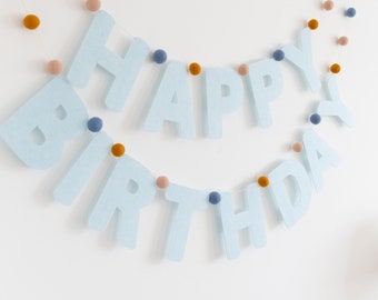 Happy Birthday felt garland 'No 1a' with felt balls, party decoration for children's birthday, birthday decoration