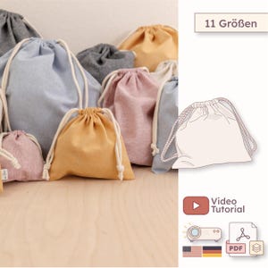 Drawstring bag sewing pattern in 11 sizes, PDF tutorial for pouch, gym bag, gift bag, beginner DIY sewing