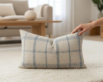 Cream Plaid Pillow Cover: Blue Gray Checkered Cushion, 100% Cotton Waffle Textured Pillow Case, Neutral Fall Autumn Farmhouse Decor