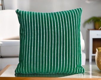 Green Striped Pillow, Velvet Lines Cushion, Funky Throw Pillow, Retro Couch Pillow, Grass Green Euro Sham, Maximalist Gift, Eclectic Home