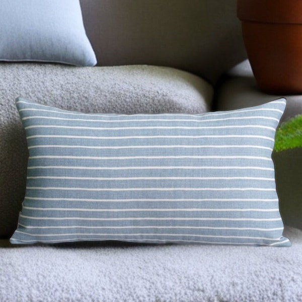 Light Blue Stripe Throw Pillow for Baby Boy Room Decor, Nautical Navy Cushion Cover for Coastal Beach House Living Room, Farmhouse Bedroom