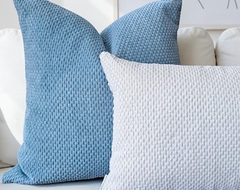 Almohada de terciopelo texturizado, cojín azul cielo, funda de almohada europea azul claro, juego de almohadas azul y blanco, almohada con diseño de tejido de cesta, almohada suave de estilo bohemio para sofá