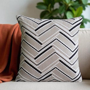 Black & White Chevron Pillow Cover, Embroidered Throw Pillow, Modern Neutral Cushion, Textured Accent Pillow, Boho Sofa Decor,