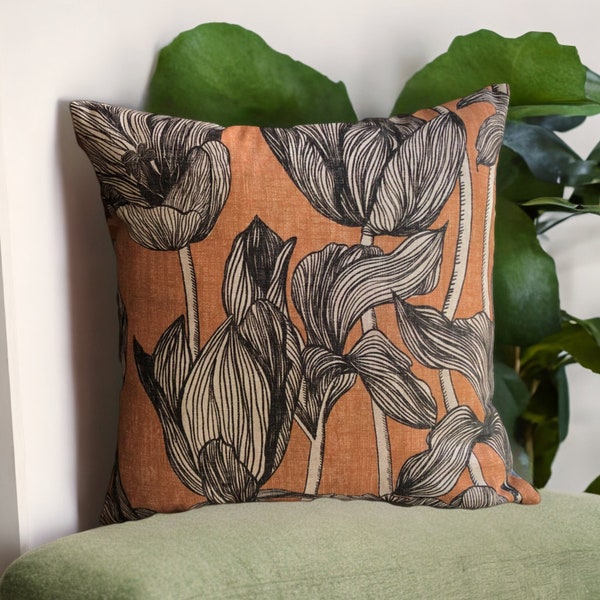 Terracotta Black Flowers Throw Pillow Cover for Boho Cosy Living Room,  Dusty Blue Cushion Cover for Modern Home Gift Idea, Brown Euro Sham