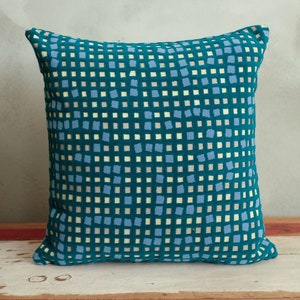 Teal Blue Throw Pillow Cover, Mid Century Velvet Cushion Cover for Retro Decoration, Checked Couch Pillow 16x16 for Funky Living Room Design