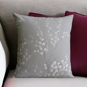 Gray Floral Throw Pillow Cover for Modern Living Room, Cherry Blossom Cushion Cover wth White Flowers, Housewarming Gift, Couch Pillow 20x20