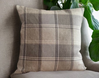 Neutral Plaid Throw Pillow for Farmhouse Decor, Beige Euro Sham for Boho Bedroom, Taupe Brown Check Cushion Cover for Japandi Style 18x18