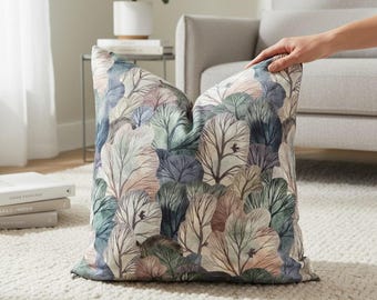Autumn Forest Pillow Cover, Colorful Tree & Bird Cushion, Green Blush Pink Woven Throw Pillow, Fall Woodland Sofa Decor, Rustic Tree Cushion