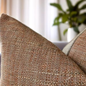 Textured Brown Pillow Cover: Boho Woven Cotton Cushion, Tan Velvet Back