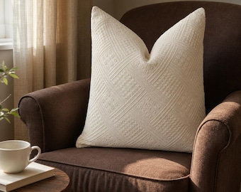 Textured Ivory Pillow Cover, Ecru Geometric Woven Cotton Cushion, Neutral Modern Throw Pillow, Boho Sofa Decor, Custom Cream Euro Sham Cover