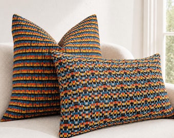 Mid Century Modern Pillow Cover, Colorful Velvet Geometric Lumbar Pillow, Retro 70s Velvet Cushion Case, Blue Orange Yellow Accent Decor