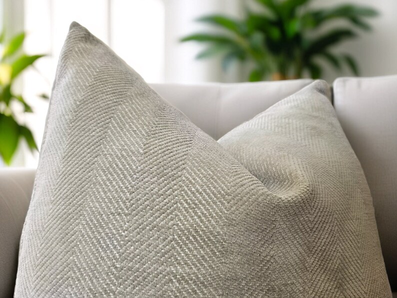 Textured Throw Pillow, Neutral Velvet Pillow, Greige Cushion, Herringbone Couch Pillow
