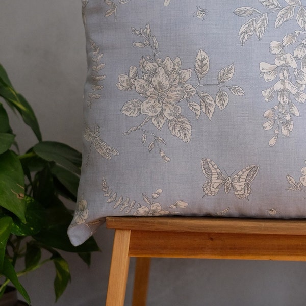 Housse de coussin florale de ferme pour cadeau de fête des mères, housse de coussin champêtre en toile bleu clair, chambre design vintage, coussin de canapé 16 x 16