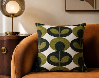 Mid Century Pillow Cover, Olive Green Geometric Oval Flower, Slub Cotton Sham