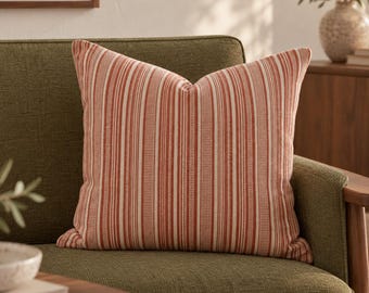 Terracotta Striped Pillow Cover, Rust Orange Woven Cotton Cushion, Vintage Farmhouse Throw Pillow, Embroidered Sham, Fall Boho Home Decor