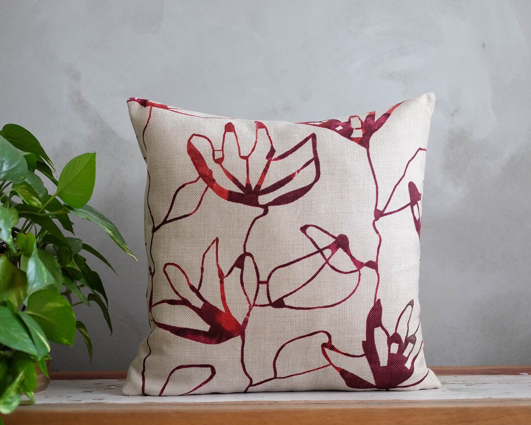 Burgundy Floral Throw Pillow Cover With Woven Beige Cotton for Modern
