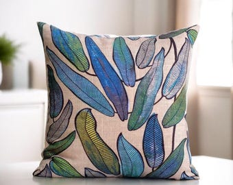 Leaves Pillow, Blue Throw Pillow, Boho Couch Pillow, Nature Lover Gift, Cozy Home Decor, Blue Green Cushion, Summer Sofa Pillow, All Sizes