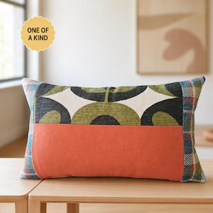 One of a Kind Patchwork Pillow Cover, Olive Green Burnt Orange Lumbar Cushion, Retro Geometric Woven Pillow, Unique Handmade Sofa Accent