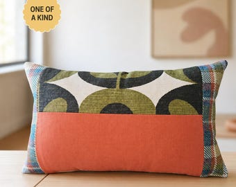 One of a Kind Patchwork Pillow Cover, Olive Green Burnt Orange Lumbar Cushion, Retro Geometric Woven Pillow, Unique Handmade Sofa Accent