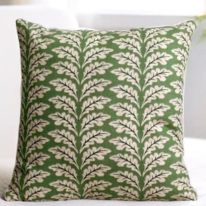 Midcentury Modern Pillow, Green Throw Pillow, Block Print Cushion, Retro Leaves Euro Sham, Art Deco Couch Pillow, Floral Accent Pillow 20x20