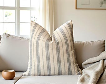 Striped Linen Pillow, Neutral Lines Cushion, Gray Blue Cream Euro Sham, Modern Farmhouse Home, Cozy Couch Pillow, Cold Blue Throw Pillow
