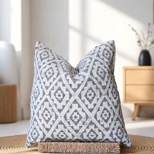Blue White Pillow, Boho Throw Pillow, Cozy Accent Pillow, Geometric Euro Sham, Ikat Design Cushion, Dusty Blue Lumbar, Custom Size Pillow
