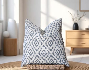 Blue White Pillow, Boho Throw Pillow, Cozy Accent Pillow, Geometric Euro Sham, Ikat Design Cushion, Dusty Blue Lumbar, Custom Size Pillow