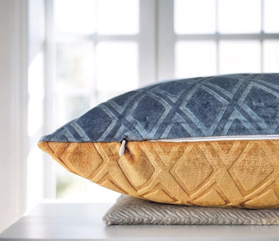 Blue Mustard Throw Pillow Textured Cushion Velvet Pillow Cover Geometric Design Yellow Sueded Euro Sham Cozy Home Pillow Home Gift Etsy Canada