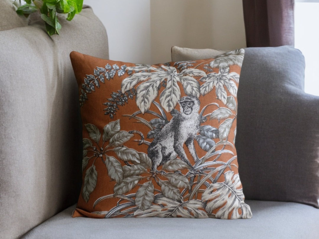 Terra Cotta Pillow 18x18, Jungle Throw Pillow Cover, Rust Monkey