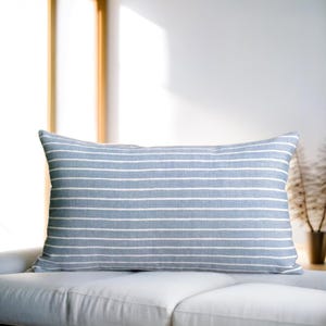 Blue Striped Pillow, Sky Blue Cushion, Blue White Pillow, Boho Lumbar Pillow, Cosy Throw Pillow, Bohemian Home Gift, Thin Lines Couch Pillow