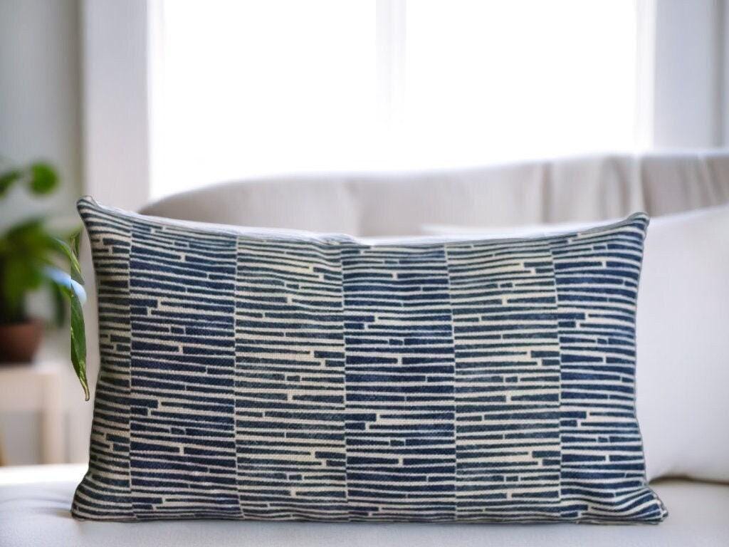 Indigo Blue Pillow, Scandi Throw Pillow, Blue Striped Cushion, Bohemian Home Decor, Hygee Couch Pillow, Mudcloth Lumbar Pillow, Coastal Sham
