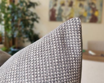 Gray Velvet Throw Pillow 18x18, Checked Velvet Cushion Cover, Boho Couch Pillow, Textured Euro Sham, Basketweave Sofa Pillow