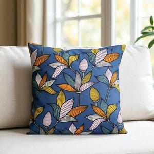 Colorful Floral Pillow Cover, Retro Botanical Cushion, Bold Blue Couch Pillow, Modern Leaf Print, Mid-Century Home, Blue Orange Pillow Case