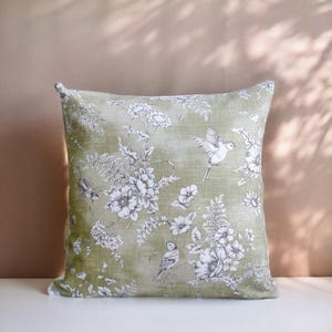 Sage Green Pillow, Floral Throw Pillow, Birds Cushion Cover, Nature Lover Gift, Olive Green Couch Pillow, Toile Couch Pillow, Cozy Home Deco