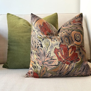 Set of 2 Pillow, Pillow Bundle, Olive Green Velvet Throw Pillow Cover, Brown Gold Abstract Design Cushion Cover, Custom Made Couch Pillow