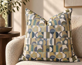 Mid Century Modern Pillow Cover, Colorful Geometric Throw Pillow, Olive Green Teal Blue Mustard Woven Cushion, Retro Abstract Home Decor Art