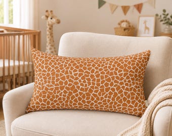 Burnt Orange Giraffe Pillow Cover, Thick Cotton Lumbar Cushion, Safari Animal Print Pillow, Modern Eclectic Sofa Decor, Neutral Boho Accent