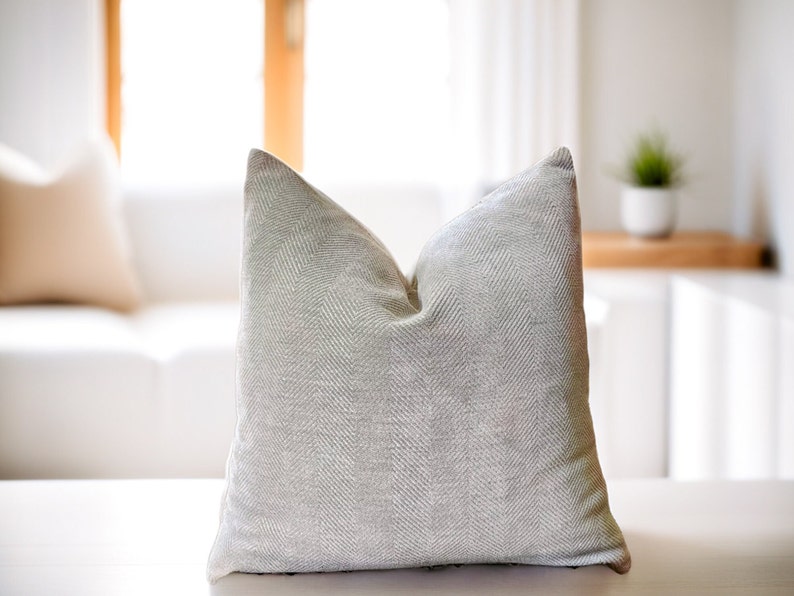 Textured Throw Pillow, Neutral Velvet Pillow, Greige Cushion, Herringbone Couch Pillow