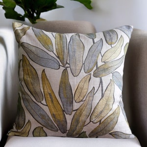Yellow Gray Leaves Throw Pillow Cover for Boho Home Decor, Cosy Neutral Colors Cushion Cover, Mustard Design Couch Pillow, King Euro Sham