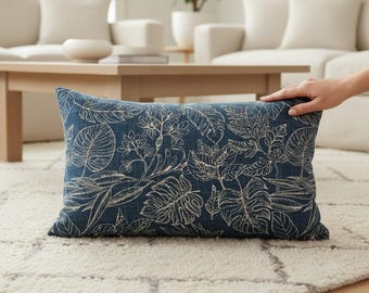 Emerald Green Tropical Leaves Pillow Cover, Palm Leaf Cushion, Coastal Throw Pillow, Modern Lumbar Pillow, Euro Sham, Custom Size Cushion