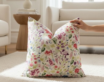 Watercolor Floral Pillow Cover, Pink Purple Yellow Flowers, Cottagecore Cushion Cover, Colorful Country Home Decor, Garden Style Sofa Accent