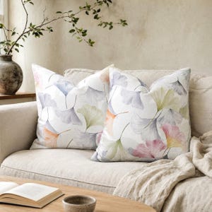 Pastel Ginkgo Leaf Pillow Cover Pink Sage Green Floral Cushion, 100% Cotton Throw Pillow Case, Modern Boho Sofa Decor, Custom Size Euro Sham