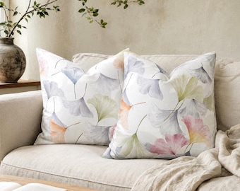 Pastel Ginkgo Leaf Pillow Cover Pink Sage Green Floral Cushion, 100% Cotton Throw Pillow Case, Modern Boho Sofa Decor, Custom Size Euro Sham
