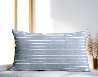 Blue Striped Pillow, Sky Blue Cushion, Blue White Pillow, Boho - Main Image