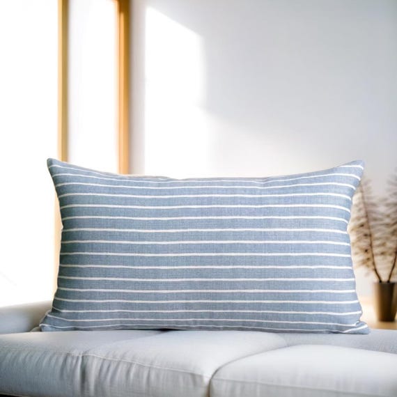 Blue Striped Pillow, Sky Blue Cushion, Blue White Pillow, Boho Lumbar Pillow, Cosy Throw Pillow, Bohemian Home Gift, Thin Lines Couch Pillow
