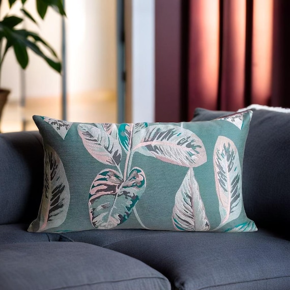 Tropical Leaf Lumbar Pillow Cover, Teal Botanical Cushion, Palm
