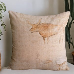 Cave Art Pillow Cover: Lascaux Bull Painting, Rustic Chenille Cushion